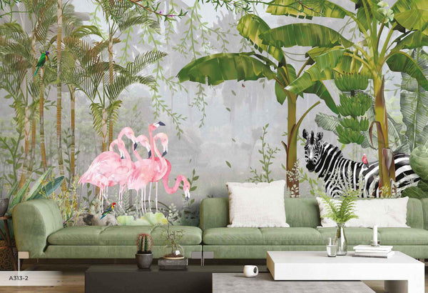Tropical Forest Wall Mural, Flamingos, Zebra, Animals Wallpaper, Custom Size, Green Oversized Print, Wall Art, Nature Theme, Jungle, Removable - Walloro High End Wallcoverings & More