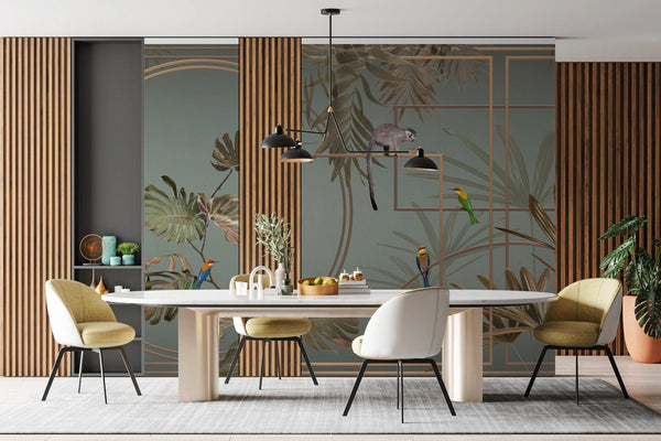 Tropical Jungle Wall Mural, Forest Wallpaper, Light Green Tree Leaf Bird, Custom Size, Non - Woven, Modern Wall Paper, Non - Pasted, Washable, Removable - Adawall Wallpaper - Registered Trade Accounts Only, Wallpaper Wholesale Account - FJ300-2 - Adawall Wholesale - Wallpaper Wholesaler