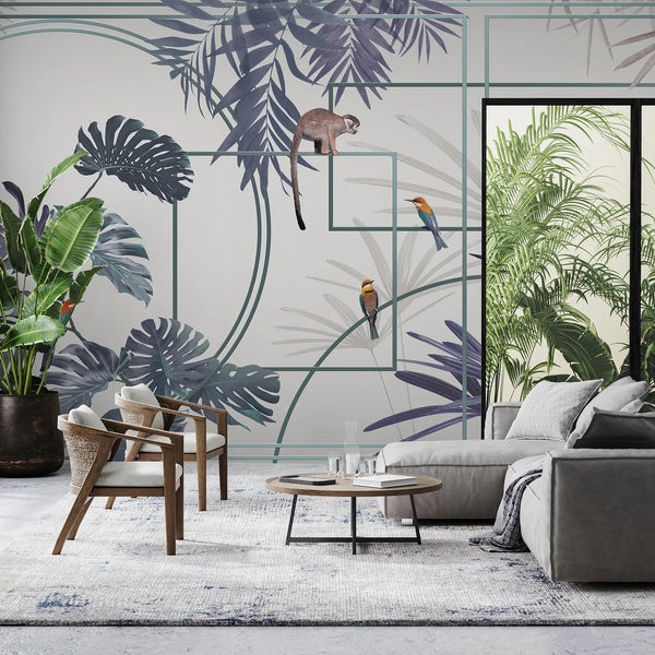 Tropical Jungle Wall Mural, Forest Wallpaper, Purple Tree Leaf Bird, Custom Size, Non - Woven, Modern Wall Paper, Non - Pasted, Washable, Removable - Adawall Wallpaper - Registered Trade Accounts Only, Wallpaper Wholesale Account - FJ300-1 - Adawall Wholesale - Wallpaper Wholesaler