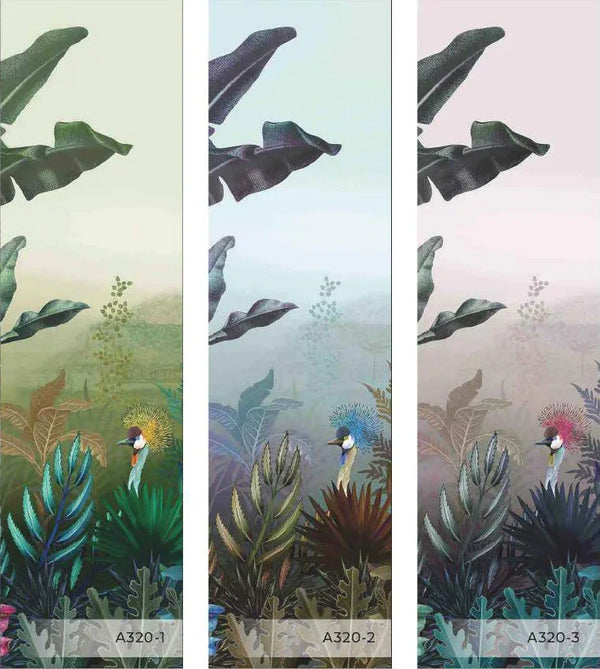 Tropical Theme Wall Mural, Blue Nature Birds Palm Tree Leaves Wallpaper, Customized Wall Art, Large Store Shop Wall Paper, Jungle, Forest Theme - Walloro High End Wallcoverings & More