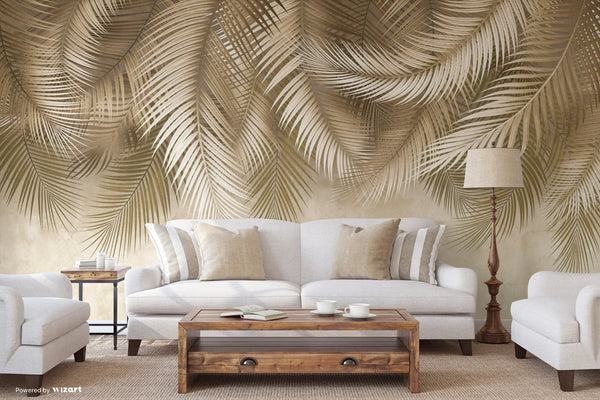 Tropical Tree Leaves Wallpaper, Above the Bed Wall Mural, Beige Leaves Custom Size Wall Covering, Non-Woven, Non-Pasted, Washable, Removable - Walloro High End Wallcoverings & More