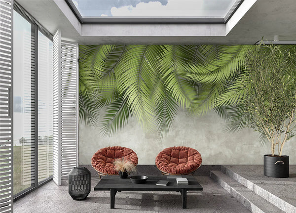 Tropical Tree Leaves Wallpaper, Above the Bed Wall Mural, Green Leaves Custom Size Wall Covering, Non-Woven, Non-Pasted, Washable, Removable - Walloro High End Wallcoverings & More