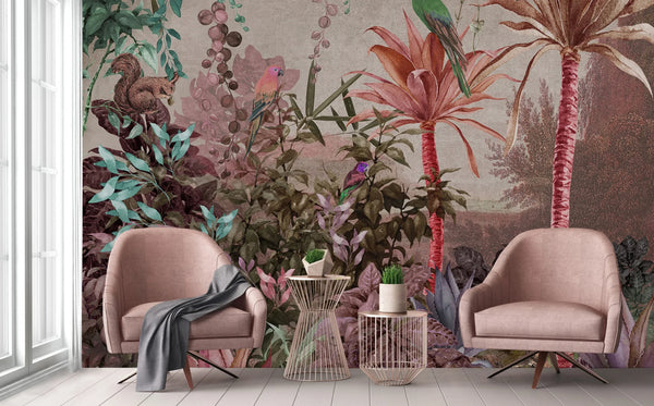 Tropical Wall Mural, Nature Palm Tree Green Parrot Wallpaper, Jungle Forest Theme, Non-Woven, Non-Adhesive, Removable, Exotic Wall Print Art, Interior Decor - Walloro High End Wallcoverings & More