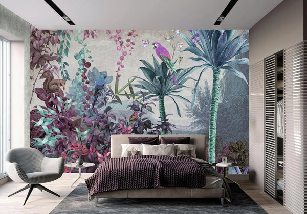 Tropical Wall Mural, Nature Palm Tree Purple Parrot Wallpaper, Jungle Forest Theme, Non-Woven, Non-Adhesive, Removable, Exotic Wall Print Art, Interior Decor - Walloro High End Wallcoverings & More