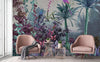 Tropical Wall Mural, Nature Palm Tree Purple Parrot Wallpaper, Jungle Forest Theme, Non-Woven, Non-Adhesive, Removable, Exotic Wall Print Art, Interior Decor - Walloro High End Wallcoverings & More