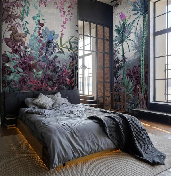Tropical Wall Mural, Nature Palm Tree Purple Parrot Wallpaper, Jungle Forest Theme, Non-Woven, Non-Adhesive, Removable, Exotic Wall Print Art, Interior Decor - Walloro High End Wallcoverings & More