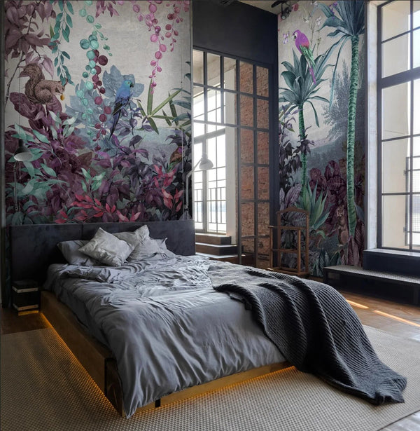 Tropical Wall Mural, Nature Palm Tree Purple Parrot Wallpaper, Jungle Forest Theme, Non - Woven, Non - Adhesive, Removable, Exotic Wall Print Art, Interior Decor - Adawall Wallpaper - Registered Trade Accounts Only, Wallpaper Wholesale Account - A315-3 - Adawall Wholesale - Wallpaper Wholesaler