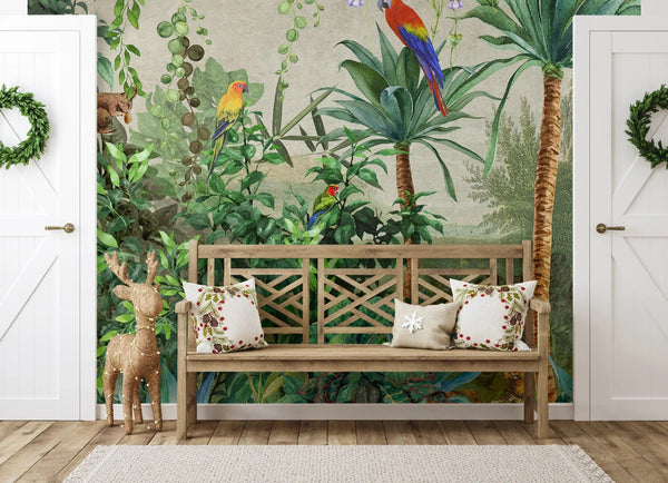 Tropical Wall Mural, Nature Palm Tree Red Parrot Wallpaper, Jungle Forest Theme, Non - Woven, Non - Adhesive, Removable, Exotic Wall Print Art, Interior Decor - Adawall Wallpaper - Registered Trade Accounts Only, Wallpaper Wholesale Account - A315-2 - Adawall Wholesale - Wallpaper Wholesaler