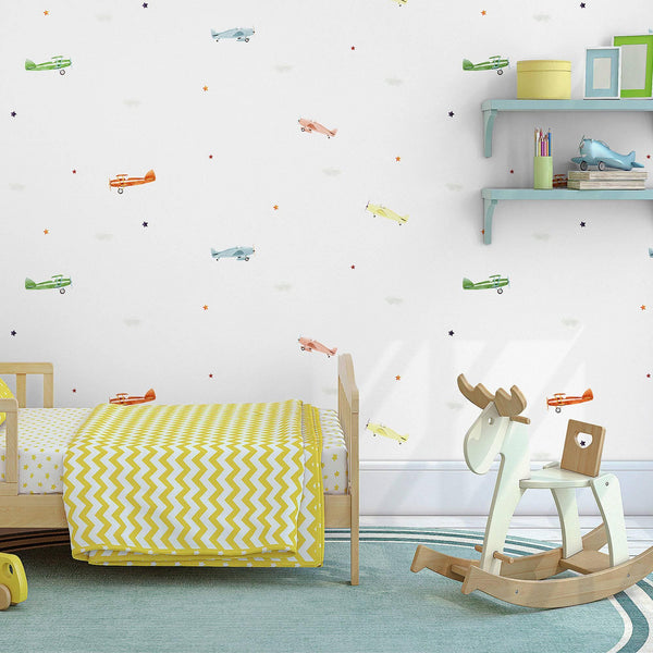 Wallpaper with Planes, Sky, Stars and Clouds, Boys Bedroom Wall Paper, Nursery Wallpaper, 114 sq ft, Kids Room Wallpaper, Washable, Sturdy - Walloro High End Wallcoverings & More