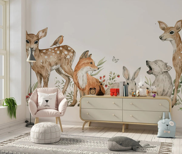 Watercolor Animals Wallpaper, White Background Mural, Oversized Custom Size Wall Art, Non - Woven, Non - Adhesive, Modern Wall Paper, Removable - Adawall Wallpaper - Registered Trade Accounts Only, Wallpaper Wholesale Account - W77654 - Adawall Wholesale - Wallpaper Wholesaler