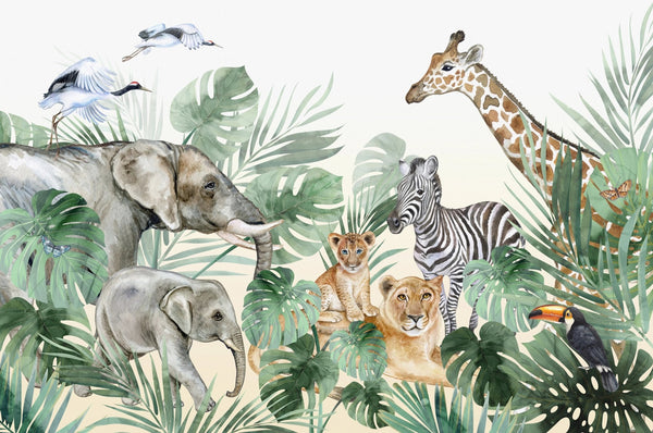 Watercolor Safari Wallpaper, Animals Mural, Oversized Custom Size Wall Art, Non - Woven, Non - Adhesive, Modern Wall Paper, Removable - Adawall Wallpaper - Registered Trade Accounts Only, Wallpaper Wholesale Account - W78091 - Adawall Wholesale - Wallpaper Wholesaler
