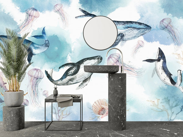 Watercolor Whales Wallpaper, Sea Life Mural, Oversized Custom Size Wall Art, Non - Woven, Non - Adhesive, Modern Wall Paper, Removable - Adawall Wallpaper - Registered Trade Accounts Only, Wallpaper Wholesale Account - W78094 - Adawall Wholesale - Wallpaper Wholesaler