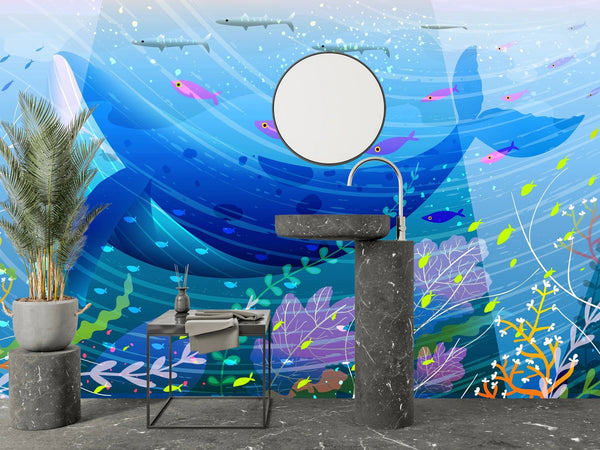 Whale and Fishes Wallpaper, Underwater Scene Mural, Oversized Custom Size Wall Art, Non - Woven, Non - Adhesive, Modern Wall Paper, Removable - Adawall Wallpaper - Registered Trade Accounts Only, Wallpaper Wholesale Account - W78130 - Adawall Wholesale - Wallpaper Wholesaler