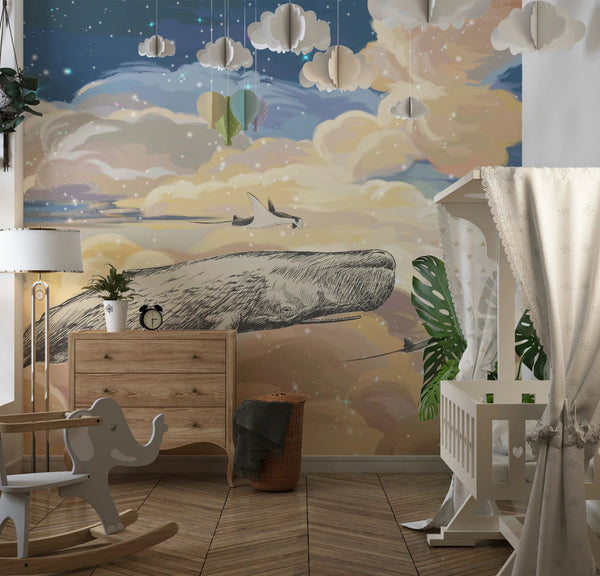 Whale in the Sky Wallpaper, Starry Night Mural, Oversized Custom Size Wall Art, Non - Woven, Non - Adhesive, Modern Wall Paper, Removable - Adawall Wallpaper - Registered Trade Accounts Only, Wallpaper Wholesale Account - W77838 - Adawall Wholesale - Wallpaper Wholesaler