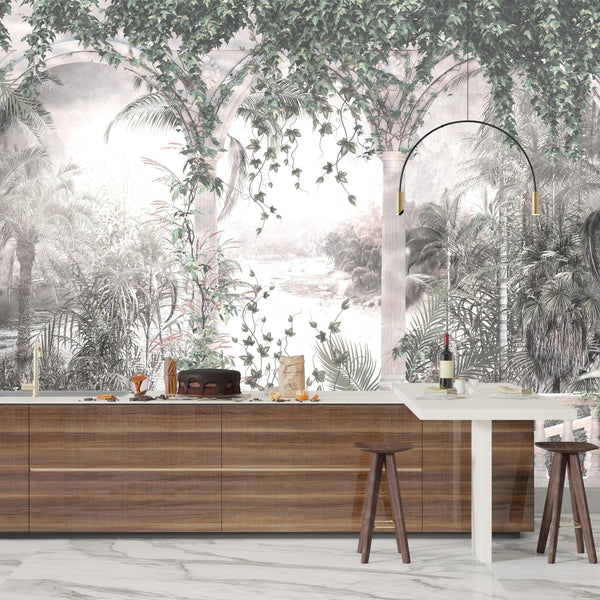 White Arch Wallpaper, Tropical Leaves, Vines Mural, Oversized Custom Size Wall Art, Non - Woven, Non - Adhesive, Modern Wall Paper, Removable - Adawall Wallpaper - Registered Trade Accounts Only, Wallpaper Wholesale Account - W77982 - Adawall Wholesale - Wallpaper Wholesaler