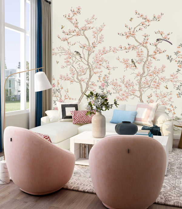 White Chinoiserie Floral Wall Mural, Birds Tree Flowers Wallpaper, Custom Size Wall Covering, Non - Woven, Non - Adhesive, Removable, Washable - Adawall Wallpaper - Registered Trade Accounts Only, Wallpaper Wholesale Account - FJ304-1 - Adawall Wholesale - Wallpaper Wholesaler