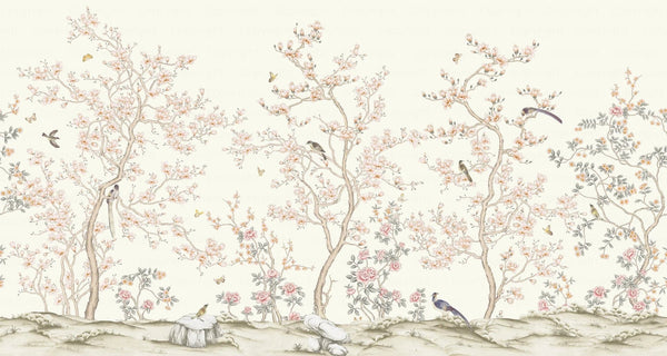 White Chinoiserie Floral Wall Mural, Birds Tree Flowers Wallpaper, Custom Size Wall Covering, Non - Woven, Non - Adhesive, Removable, Washable - Adawall Wallpaper - Registered Trade Accounts Only, Wallpaper Wholesale Account - FJ304-1 - Adawall Wholesale - Wallpaper Wholesaler