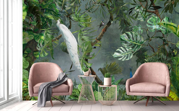 White Chinoiserie Peacock Floral Tropical Custom Wallpaper, Birds Wall Mural, Non - woven Non - Adhesive Wall Paper, Luxury, Large, Removable, Washable Wall Art - Adawall Wallpaper - Registered Trade Accounts Only, Wallpaper Wholesale Account - A301-1 - Adawall Wholesale - Wallpaper Wholesaler