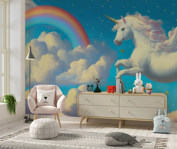 White Unicorn Wallpaper, Fluffy Clouds Mural, Oversized Custom Size Wall Art, Non - Woven, Non - Adhesive, Modern Wall Paper, Removable - Adawall Wallpaper - Registered Trade Accounts Only, Wallpaper Wholesale Account - W77829 - Adawall Wholesale - Wallpaper Wholesaler