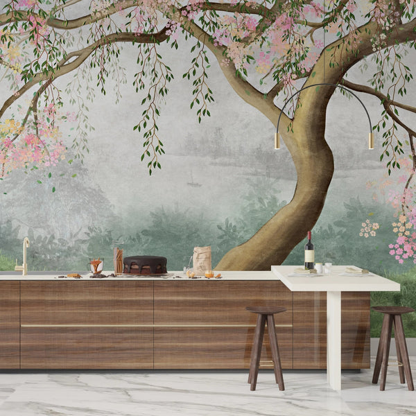 Willow Tree Wallpaper, Pink Flowers Mural, Oversized Custom Size Wall Art, Non - Woven, Non - Adhesive, Modern Wall Paper, Removable - Adawall Wallpaper - Registered Trade Accounts Only, Wallpaper Wholesale Account - W77515 - Adawall Wholesale - Wallpaper Wholesaler