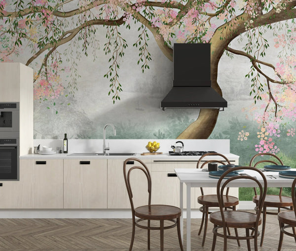 Willow Tree Wallpaper, Pink Flowers Mural, Oversized Custom Size Wall Art, Non - Woven, Non - Adhesive, Modern Wall Paper, Removable - Adawall Wallpaper - Registered Trade Accounts Only, Wallpaper Wholesale Account - W77515 - Adawall Wholesale - Wallpaper Wholesaler