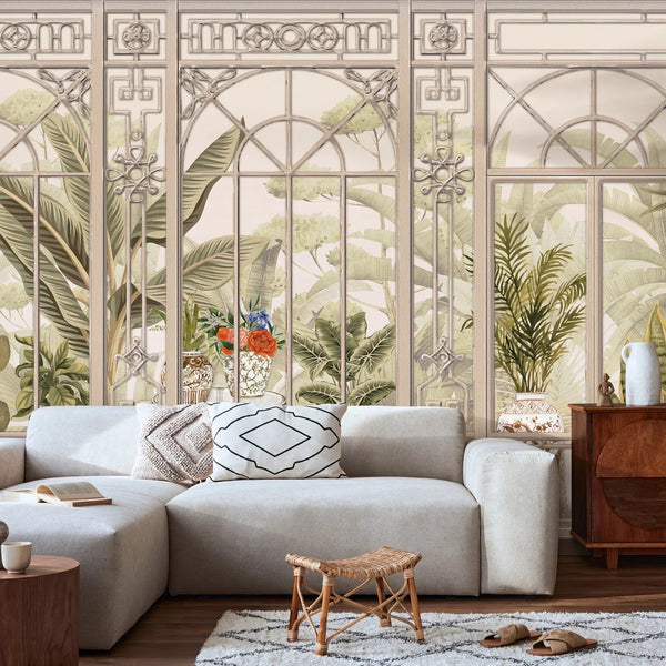 Windows Trees Wallpaper, Light Beige Nature Scenic View Wall Mural, Tropical, Custom Size Wall Art, Non - Woven, Non - Adhesive, Removable, Durable, Large - Adawall Wallpaper - Registered Trade Accounts Only, Wallpaper Wholesale Account - SE305-2 - Adawall Wholesale - Wallpaper Wholesaler