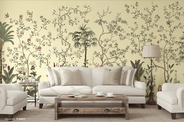 Yellow Botanical Wall Mural, Butterfly Flowers Chinoiserie Wallpaper, Nature Theme Custom Size Wall Covering, Non-Woven, Non-Pasted, Removable, Washable - Walloro High End Wallcoverings & More