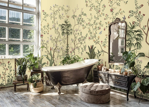 Yellow Botanical Wall Mural, Butterfly Flowers Chinoiserie Wallpaper, Nature Theme Custom Size Wall Covering, Non - Woven, Non - Pasted, Removable, Washable - Adawall Wallpaper - Registered Trade Accounts Only, Wallpaper Wholesale Account - FJ305-2 - Adawall Wholesale - Wallpaper Wholesaler