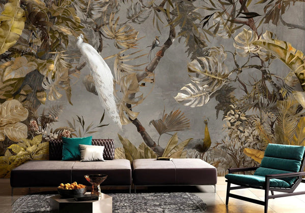 Yellow Elegant Chinoiserie Peacock Wall Mural Floral Leaves Wallpaper, Custom Wall Mural, Non - Adhesive, Washable, Extra Large, Removable, Home Decor Wall Art - Adawall Wallpaper - Registered Trade Accounts Only, Wallpaper Wholesale Account - A301-3 - Adawall Wholesale - Wallpaper Wholesaler